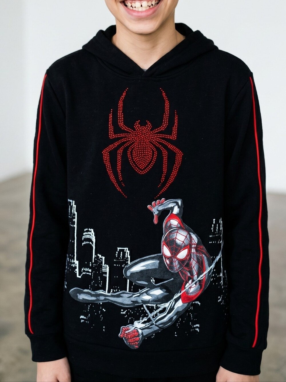 Spiderman Black Hooded Long Sleeve Tee with Red Spider Accent